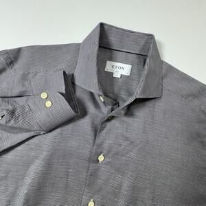 ETON Slim Fit Dress Shirt Mens 16L 41 Gray Micro Check Long Sleeve Button Up
